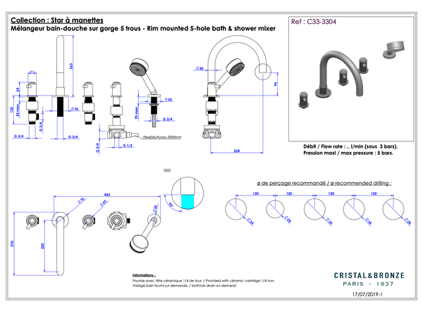  Vòi bồn tắm bốn lỗ Star bằng đồng - 3304 