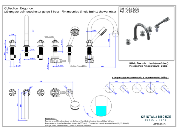  Vòi bồn tắm năm lỗ Élégance Black bằng đồng - 3305 