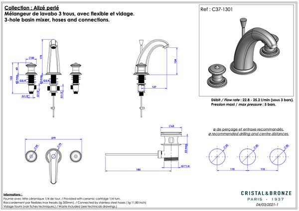  Vòi chậu rửa mặt cổ điển Alizé Pearl bằng đồng - 1301 