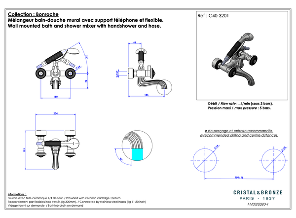  Vòi bồn tắm gắn tường cổ điển Bonroche bằng đồng - 3201 