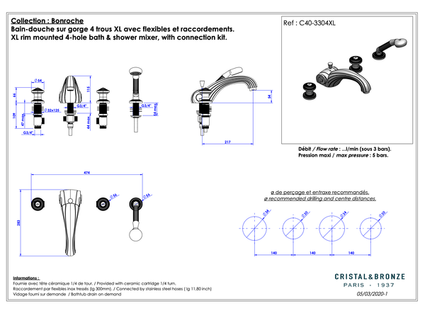 Vòi bồn tắm bốn lỗ cổ điển Bonroche bằng đồng - 3304XL 