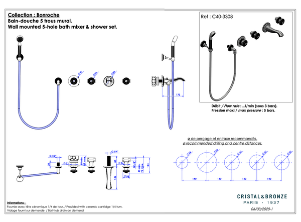  Vòi bồn tắm năm lỗ gắn tường cổ điển Bonroche bằng đồng - 3308 