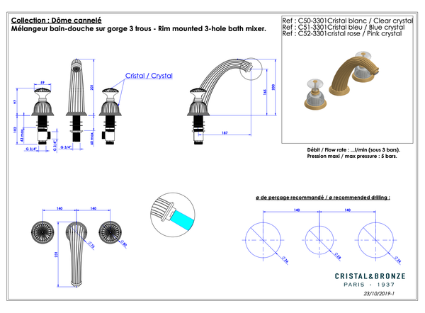  Vòi bồn tắm cổ điển Dôme Cannelé Pink Crystal bằng đồng - 3301 