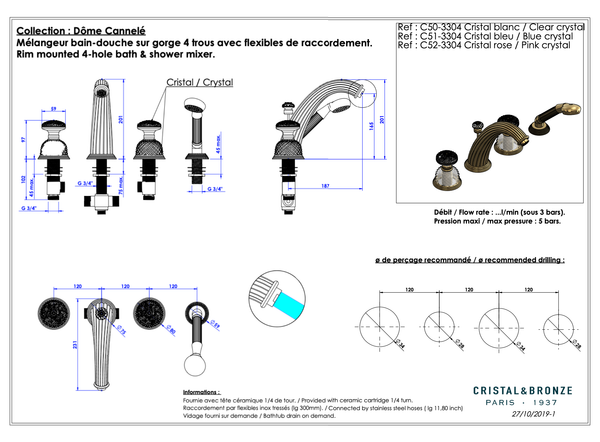  Vòi bồn tắm bốn lỗ cổ điển Dôme Cannelé Clear Crystal bằng đồng - 3304 