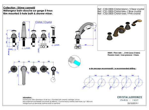  Vòi bồn tắm năm lỗ cổ điển Dôme Cannelé Clear Crystal bằng đồng - 3305 