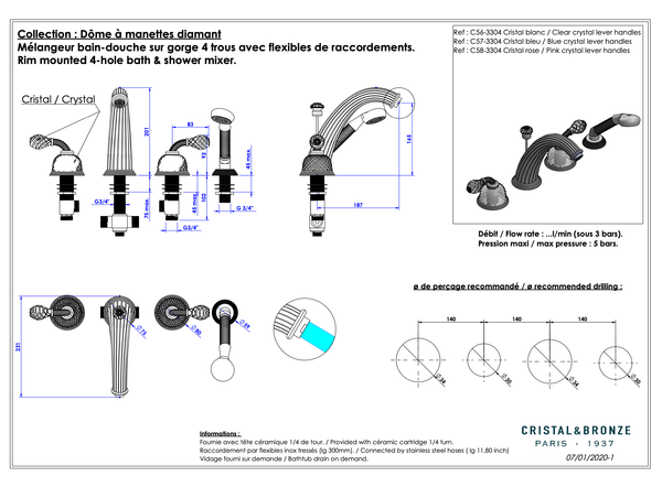  Vòi bồn tắm bốn lỗ cổ điển Dôme Manettes Diamant Pink Crystal bằng đồng - 3304 