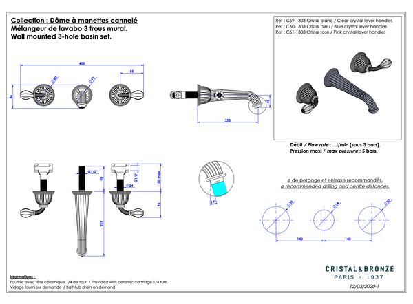  Vòi chậu rửa mặt gắn tường cổ điển Dôme Manettes Cannelé Pink Crystal bằng đồng - 1303 