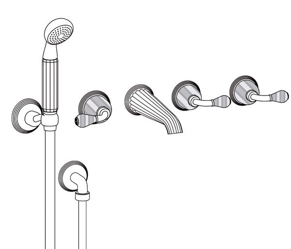  Vòi bồn tắm năm lỗ gắn tường cổ điển Dôme Manettes Cannelé Blue Crystal bằng đồng - 3308 