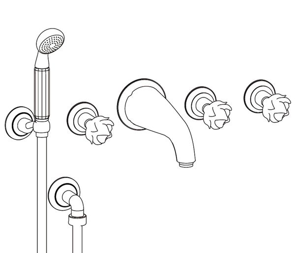  Vòi bồn tắm năm lỗ gắn tường cổ điển Odiot bằng đồng - 3308 