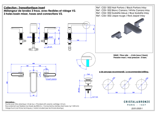  Vòi chậu rửa mặt cổ điển Transatlantique Insert bằng đồng - 1302 