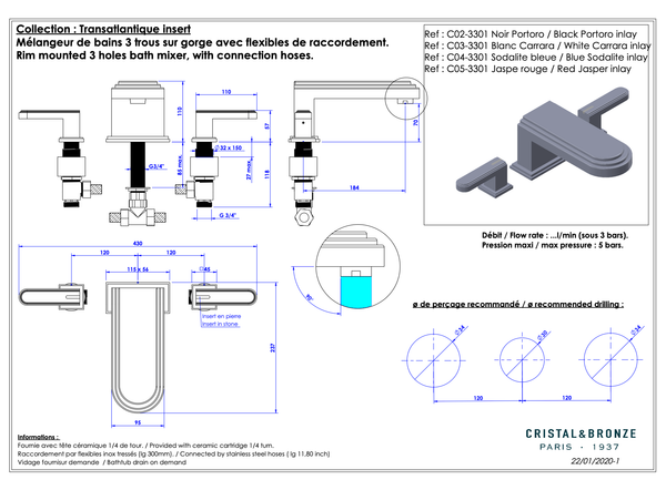  Vòi bồn tắm ba lỗ cổ điển Transatlantique Insert bằng đồng - 3301 