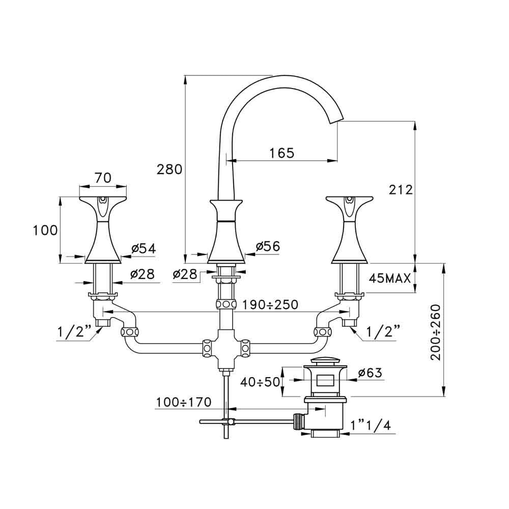  Vòi chậu lavabo 3 lỗ bằng đồng 130 - 3225 