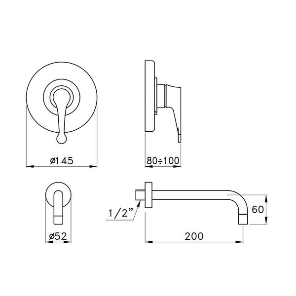  Vòi chậu lavabo gắn tường bằng đồng 130 - 3863MC 