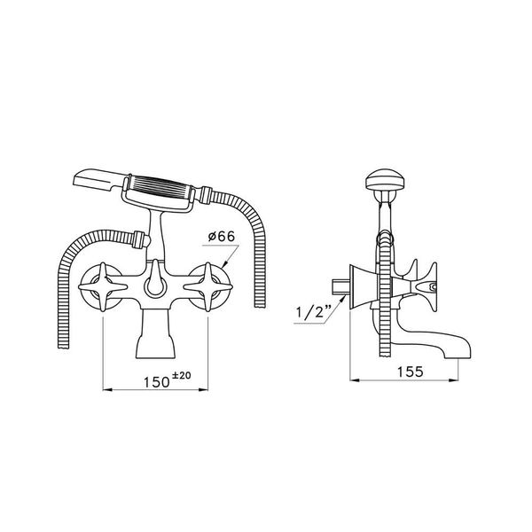  Vòi bồn tắm gắn tường có vòi sen cầm tay bằng đồng 130 - 3274-306 