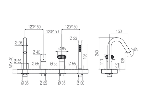  Vòi bồn tắm 4 lỗ có vòi sen cầm tay bằng stainless steel Dorin - DOR16 