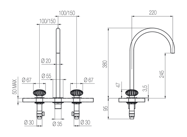  Vòi chậu lavabo xoay 3 lỗ cao 380mm bằng stainless steel Dorin - DOR26 