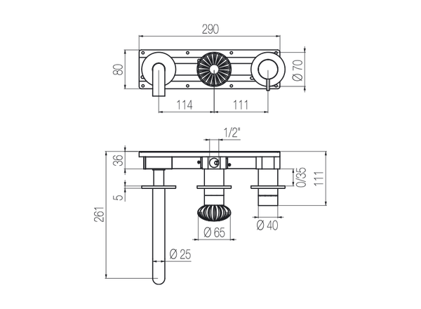  Vòi bồn tắm gắn tường 3 lỗ dài 190mm 2 đầu ra bằng stainless steel Dorin - DOR82 