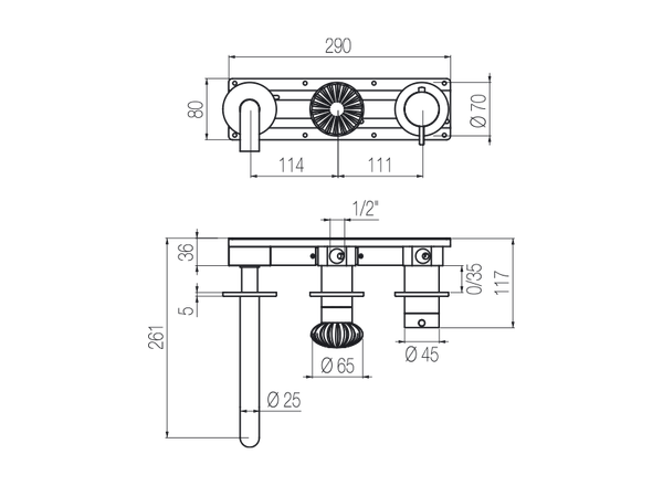  Vòi bồn tắm gắn tường điều chỉnh nhiệt độ 3 lỗ dài 190mm 2 đầu ra bằng stainless steel Dorin - DOR84 