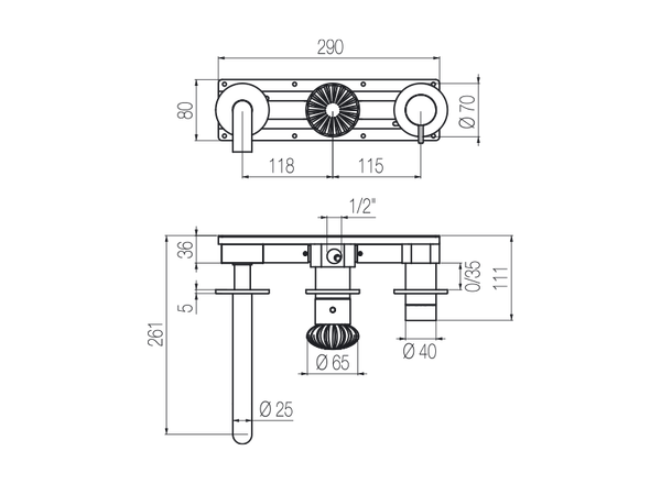  Vòi bồn tắm gắn tường 3 lỗ dài 190mm 3 đầu ra bằng stainless steel Dorin - DOR88 
