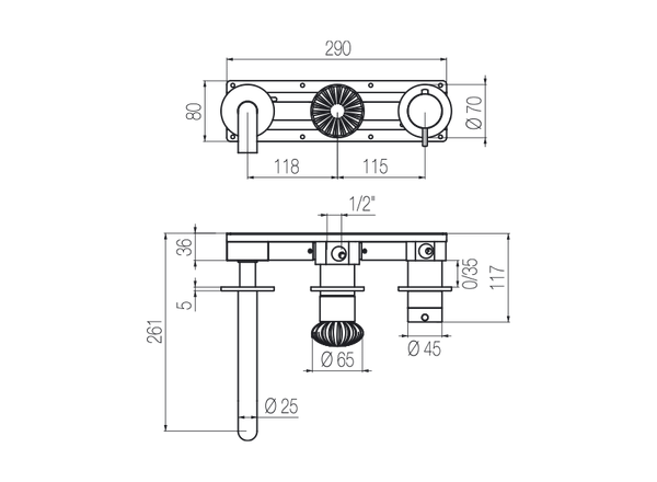  Vòi bồn tắm gắn tường điều chỉnh nhiệt độ 3 lỗ dài 190mm 3 đầu ra bằng stainless steel Dorin - DOR90 