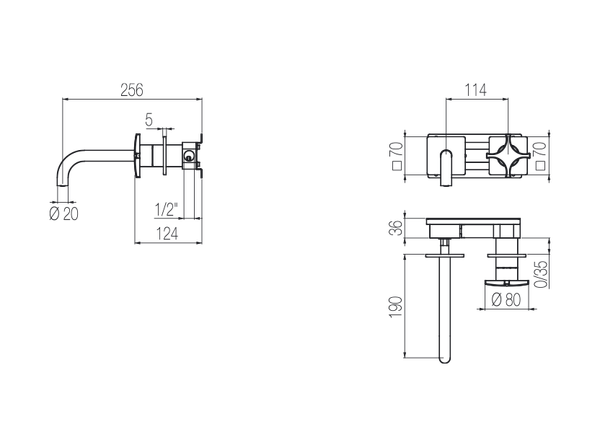  Vòi chậu lavabo gắn tường 2 lỗ dài 190mm bằng stainless steel Dixi - DXN18 