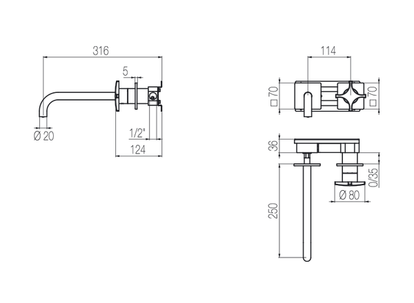  Vòi chậu lavabo gắn tường 2 lỗ dài 250mm bằng stainless steel Dixi - DXN19 