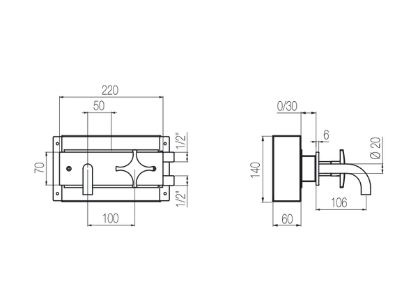  Vòi chậu lavabo gắn tường 2 lỗ dài 100mm bằng stainless steel Dixi - DXN20 