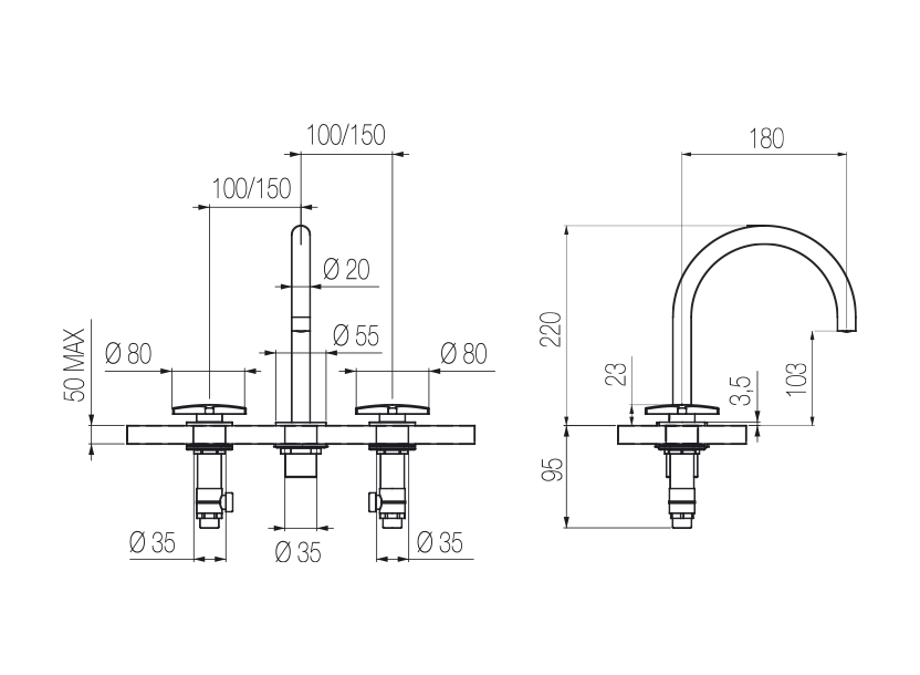  Vòi chậu lavabo xoay 3 lỗ cao 220mm bằng stainless steel Dixi - DXN23 