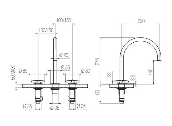  Vòi chậu lavabo xoay 3 lỗ cao 270mm bằng stainless steel Dixi - DXN24 