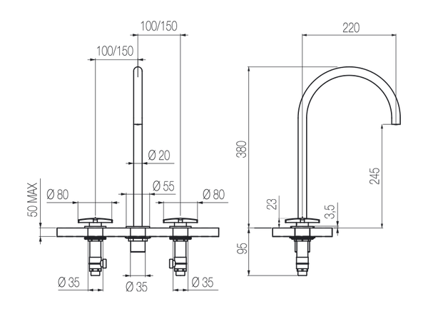  Vòi chậu lavabo xoay 3 lỗ cao 380mm bằng stainless steel Dixi - DXN26 