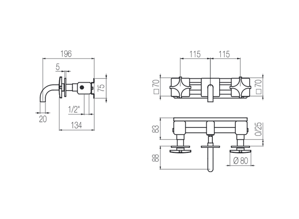  Vòi chậu lavabo gắn tường 3 lỗ dài 100mm bằng stainless steel Dixi - DXN27 