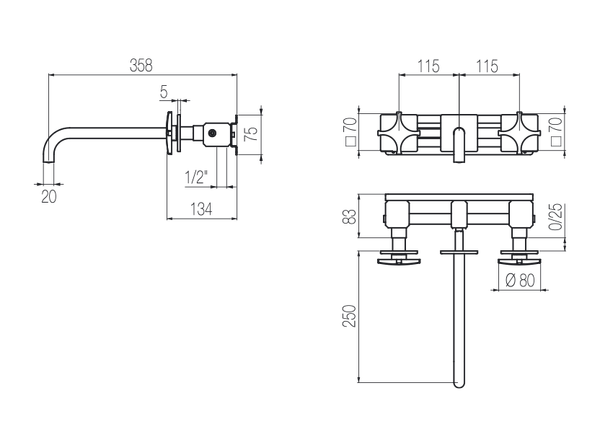  Vòi chậu lavabo gắn tường 3 lỗ dài 250mm bằng stainless steel Dixi - DXN29 