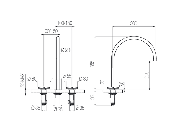  Vòi chậu lavabo xoay 3 lỗ cao 380mm bằng stainless steel Dixi - DXN31 