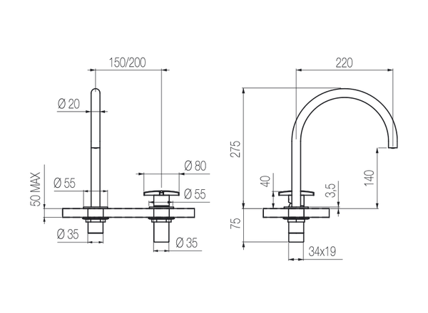  Vòi chậu lavabo xoay 2 lỗ cao 270mm bằng stainless steel Dixi - DXN32 