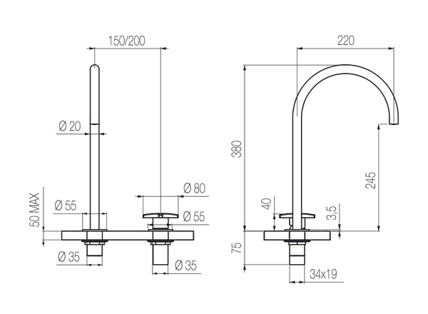  Vòi chậu lavabo xoay 2 lỗ cao 380mm bằng stainless steel Dixi - DXN33 