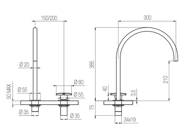  Vòi chậu lavabo xoay 2 lỗ cao 380mm bằng stainless steel Dixi - DXN35 