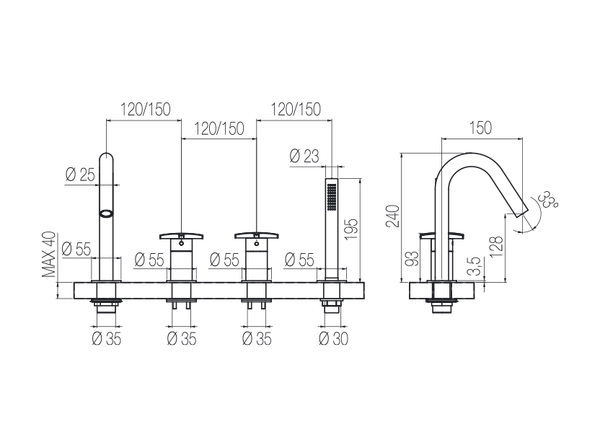  Vòi bồn tắm 4 lỗ gắn thành có vòi sen cầm tay bằng stainless steel Dixi - DXN36 