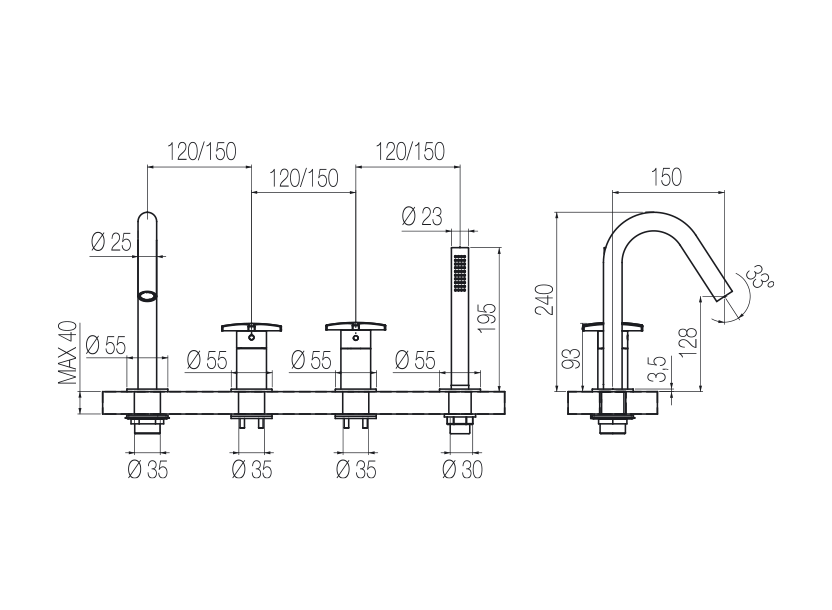  Vòi bồn tắm 4 lỗ gắn thành có vòi sen cầm tay bằng stainless steel Dixi - DXN36 