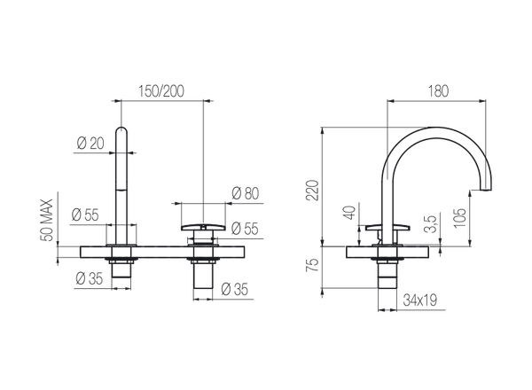  Vòi chậu lavabo xoay 2 lỗ cao 220mm bằng stainless steel Dixi - DXN37 