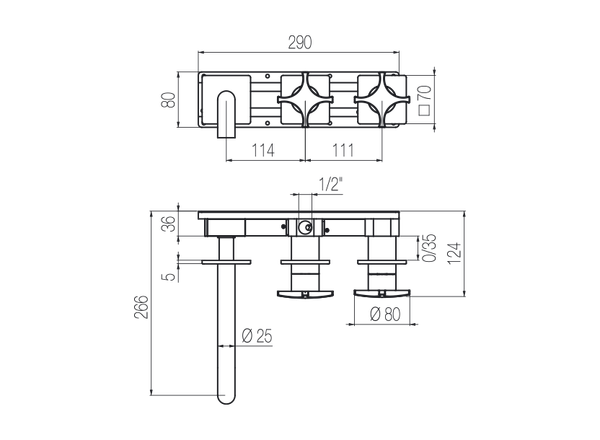  Vòi bồn tắm gắn tường 3 lỗ 2 đầu ra dài 190mm bằng stainless steel Dixi - DXN82 