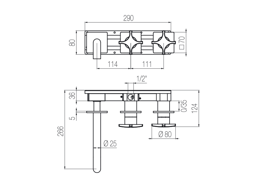  Vòi bồn tắm gắn tường 3 lỗ 2 đầu ra dài 190mm bằng stainless steel Dixi - DXN82 