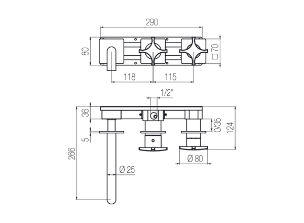  Vòi bồn tắm gắn tường 3 lỗ 3 đầu ra dài 190mm bằng stainless steel Dixi - DXN88 