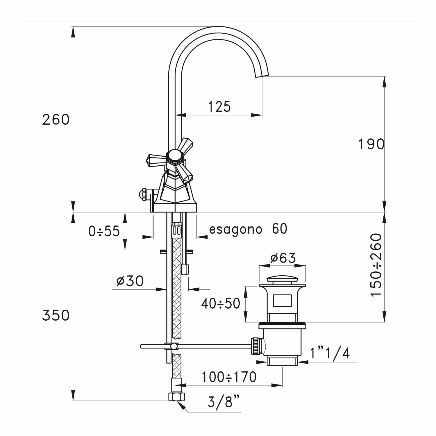  Vòi chậu lavabo cao 260mm bằng đồng Eccelsa - 3217 