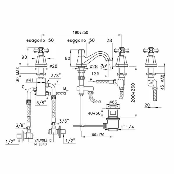  Vòi chậu lavabo 3 lỗ bằng đồng Eccelsa - 3224TC 