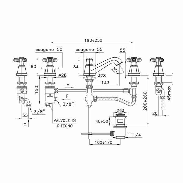  Vòi chậu lavabo 3 lỗ bằng đồng Eccelsa - 3224PTC 