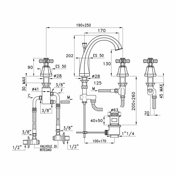  Vòi chậu lavabo 3 lỗ cao 202mm bằng đồng Eccelsa - 3225TC 