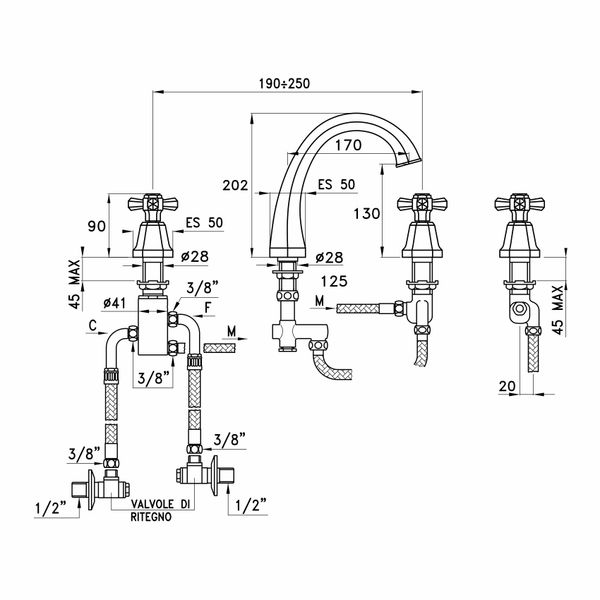  Vòi chậu lavabo 3 lỗ cao 202mm bằng đồng Eccelsa - 3223TC 
