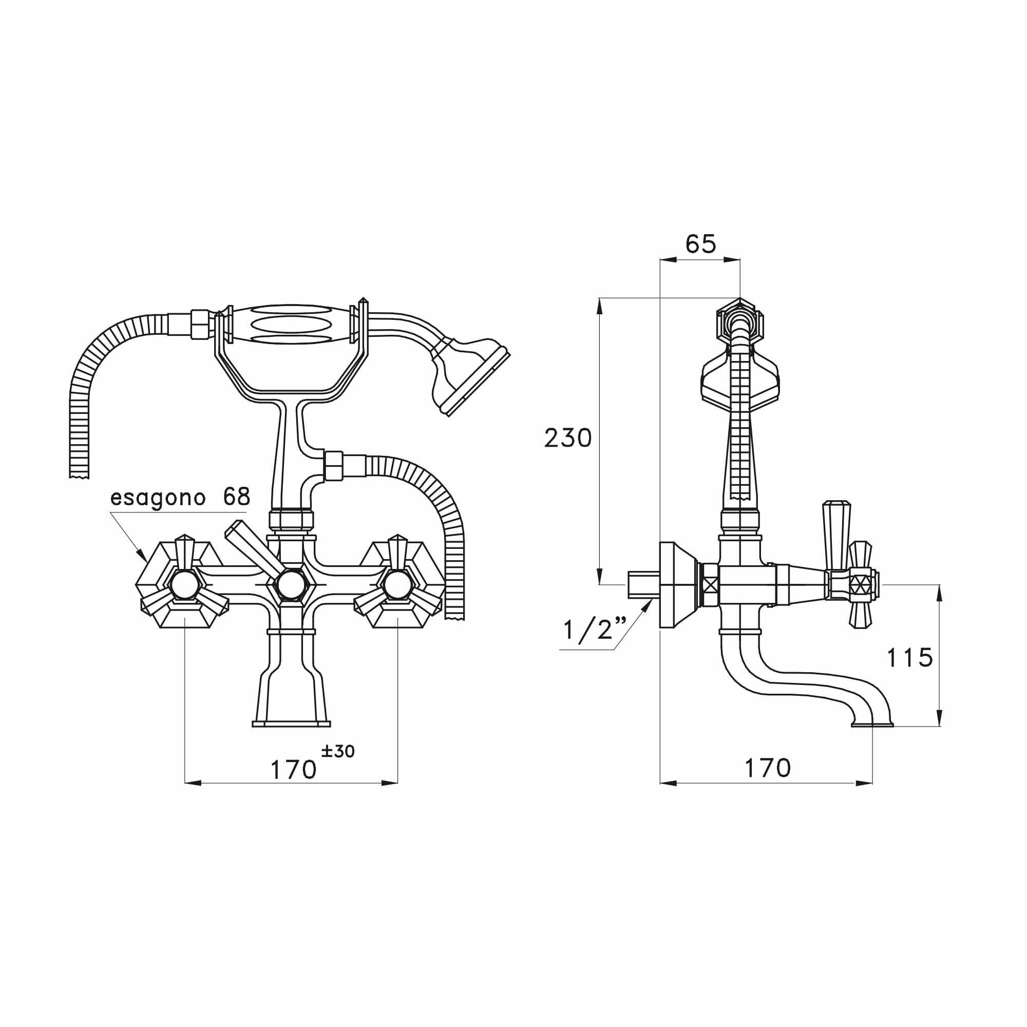  Vòi bồn tắm gắn tường có vòi sen cầm tay bằng đồng Eccelsa - 3274-306 