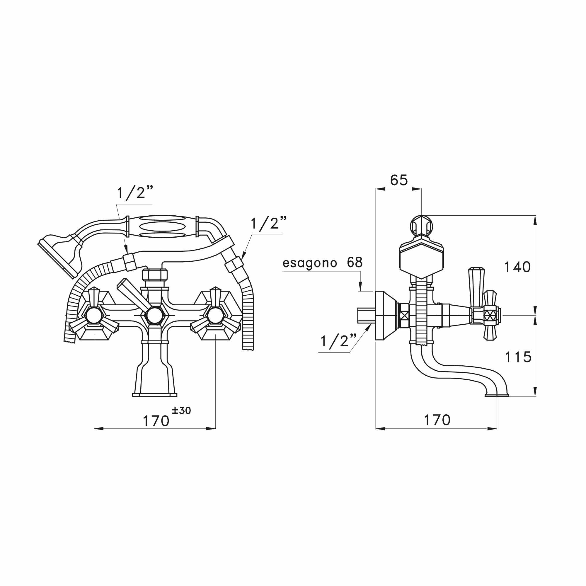  Vòi bồn tắm gắn tường có vòi sen cầm tay bằng đồng Eccelsa - 3274-306FB 