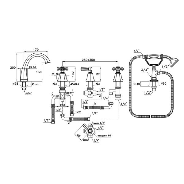 Vòi bồn tắm 5 lỗ có vòi sen cầm tay bằng đồng Eccelsa - 3256TRTC307 